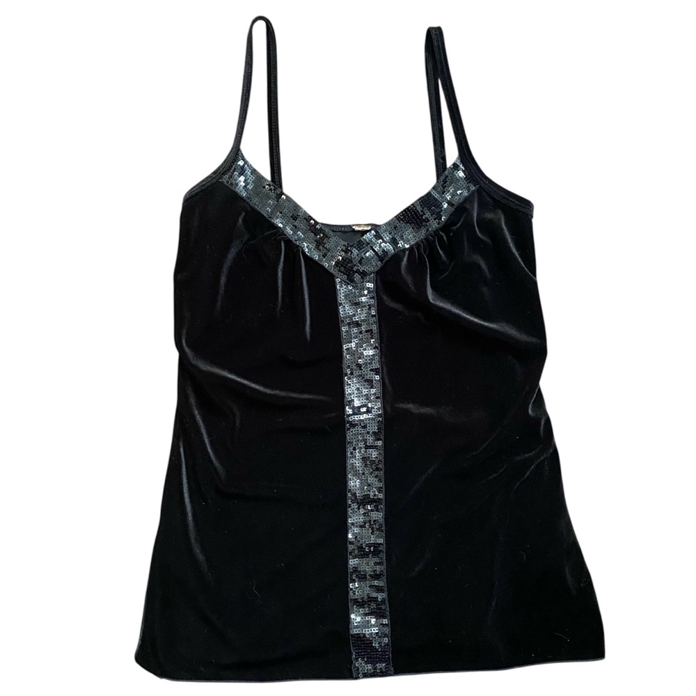 Vintage 90s Velvet Spaghetti Strap Top with Sequin Trim Women’s Medium Black